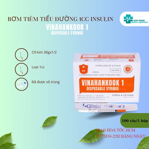 Hộp 100 Bơm Tiêm Insulin Vinahankook 1ml, Kim Tiêm 30G, Tiện Dụng Cho Người Tiểu Đường, Đảm Bảo An Toàn, Vệ Sinh