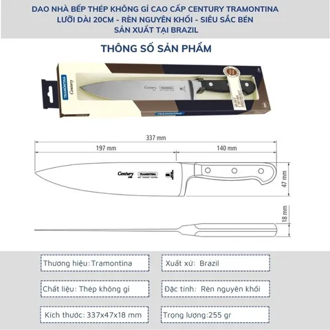 Dao Bếp Thái Thịt Tramontina Century 20cm - Lưỡi Thép Rèn Cao Cấp Nhập Khẩu Brazil, Chất Lượng NSF, Thiết Kế Ergonomic
