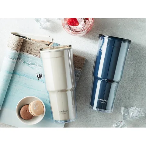 Ly Nhựa 2 Lớp Lock&Lock Double Wall Cold Cup 900ML HAP502 - Màu Xanh và Màu Beige- Hàng Chính Hãng