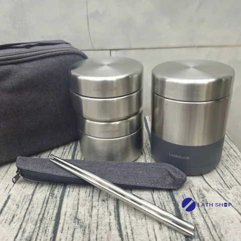 Bộ Hộp Cơm Giữ Nhiệt Lock&Lock 1.150ml (450ml*1, 420ml*1, 280ml*1 Kèm Đũa Và Túi Xách) Giữ Nhiệt 6h