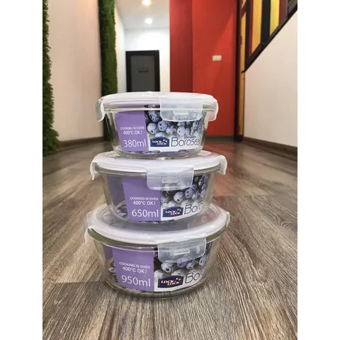 Bộ 3 Hộp Thủy Tinh Lock&Lock LLG861S3WS Dáng Tròn Chịu Nhiệt - Dung Tích 380ml, 650ml và 950ml - An Toàn, Sang Trọng, Tiện Dụng