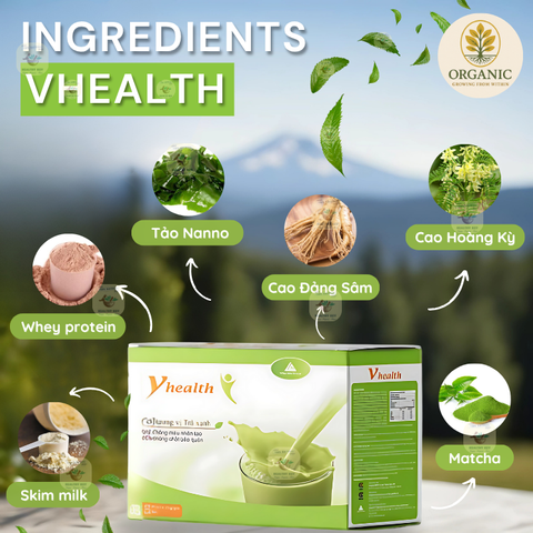 Bột dinh dưỡng Vhealth Matcha – Hỗ trợ tăng/giảm cân tự nhiên, giàu dưỡng chất, bữa ăn tiện lợi, hộp 20 gói Organic Life
