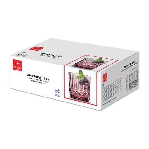 Bộ 6 Ly Thủy Tinh Bormioli America '20s Rocks 300ml Màu Hồng - Thiết Kế Cổ Điển Cho Cocktail và Whisky, Đồ Gia Dụng Nhà Bếp Ý