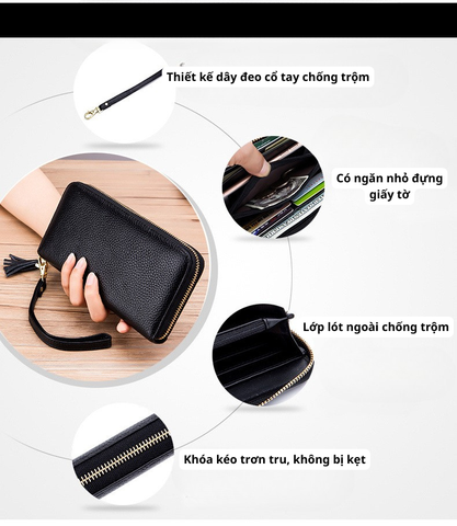 Ví Dài Cầm Tay Nữ Da Bò Sang Chảnh - Đựng iPhone Plus, Khóa Kéo Mượt và Dây Đeo Chống Trộm, Phụ Kiện Thời Trang Đẹp Xịn