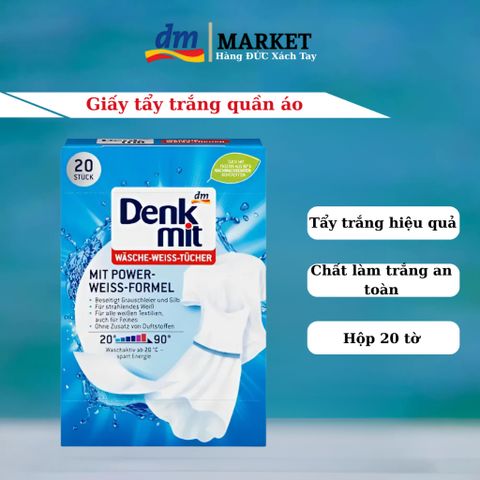 Giấy Tẩy Trắng Quần Áo Denkmit - Giải Pháp Tẩy Ố Vàng Nhanh Chóng Từ Đức, 20 Miếng, Giữ Quần Áo Trắng Sáng Như Mới