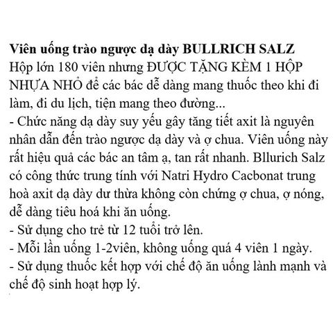Viên Uống Trào Ngược Dạ Dày Bullrich Salz - Giảm Ợ Hơi, Ợ Chua, Hộp 180 Viên, Xuất Xứ Đức