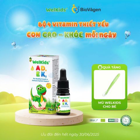 WelKids ADEK - Vitamin D3, K2, A & E Bổ Sung Dinh Dưỡng Cho Bé Tăng Chiều Cao - Dầu Olive Hữu Cơ 10ml