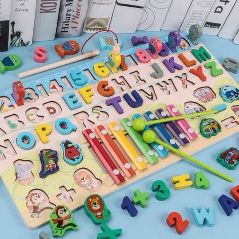 Hộp Bảng Gỗ Chữ Cái Chữ Số Kèm Đàn 6 Trong 1 - Đồ Chơi Giáo Dục Sớm Phát Triển Trí Tuệ Cho Bé 1-6 Tuổi