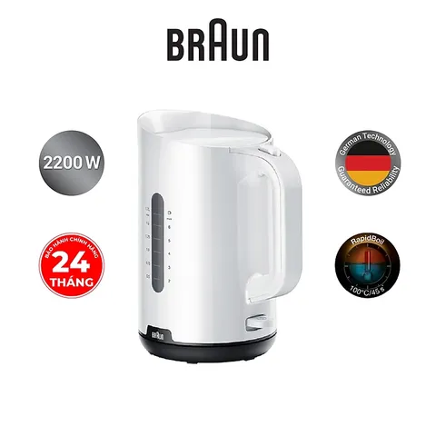 Bình Đun Siêu Tốc Braun WK1100BK - Công Suất 2200W, Dung Tích 1.7L, An Toàn BPA Free, Đun Nước Nhanh Chóng Trong 45 Giây