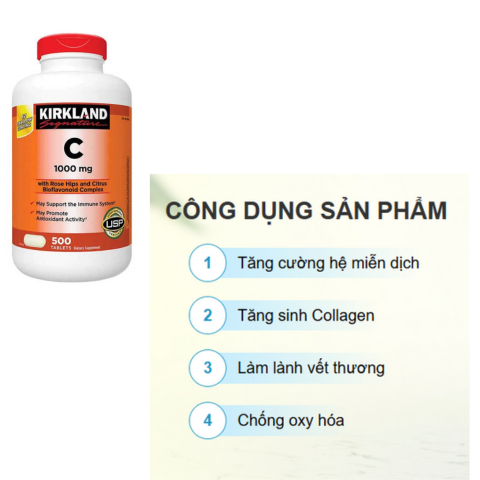 Vitamin C 1000mg Kirkland Signature - Hỗ trợ miễn dịch, làm đẹp da, hộp 500 viên - Thực phẩm chức năng của Mỹ