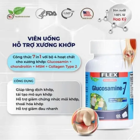 Viên uống Flex Glucosamine-7 giúp hỗ trợ giảm đau nhanh và tăng cường tái tạo sụn và dịch khớp hộp 60 Viên