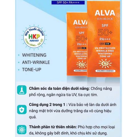 Kem Chống nắng ALVA SUN BLOCK SPF50+/PA+++ phù hợp mọi loại da sản phẩm của Hàn Quốc