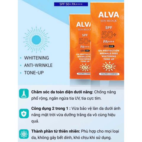 Kem Chống nắng ALVA SUN BLOCK SPF50+/PA+++ phù hợp mọi loại da sản phẩm của Hàn Quốc
