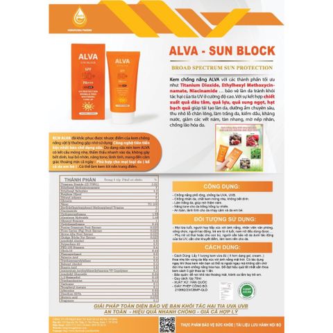 Kem Chống nắng ALVA SUN BLOCK SPF50+/PA+++ phù hợp mọi loại da sản phẩm của Hàn Quốc
