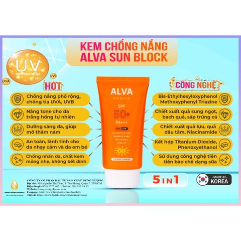 Kem Chống nắng ALVA SUN BLOCK SPF50+/PA+++ phù hợp mọi loại da sản phẩm của Hàn Quốc