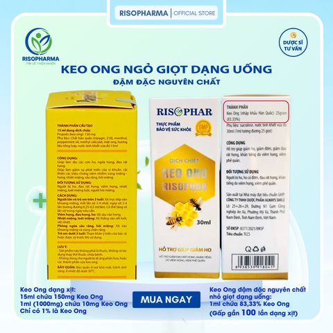Keo Ong Nhỏ Giọt Dạng Uống Risopharma - Giải Pháp Hiệu Quả Hỗ Trợ Ho, Đau Họng, Khàn Tiếng, Sổ Mũi, Tăng Cường Sức Đề Kháng 30ml