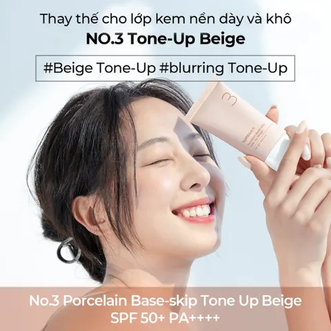 Kem Nâng Tone Chống Nắng Numbuzin No.3 Porcelain - SPF50, Base-skip Tone Up Beige, Dưỡng Da, Làm Sáng Màu và Che Khuyết Điểm 50ml
