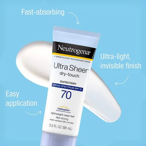 Kem Chống Nắng Neutrogena Ultra Sheer Dry Touch SPF70 88ml - Bảo vệ da tối ưu với công nghệ Heliopex, khô thoáng, nước và mồ hôi chống thấm, thích hợp mọi hoạt động ngoài trời.