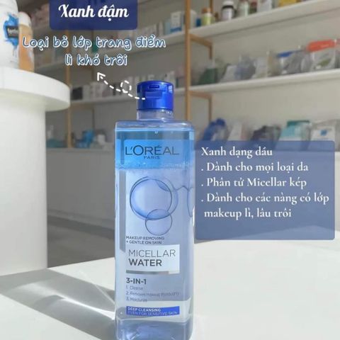 Nước Tẩy Trang L'Oreal Micellar Xanh Đậm 400ml - Tẩy Trang Sâu, An Toàn Cho Mọi Loại Da, Không Chứa Cồn, Dưỡng Ẩm Mịn Mượt