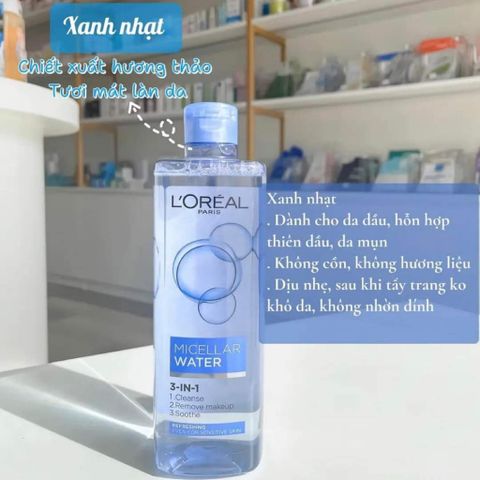 Nước Tẩy Trang L'Oreal Micellar Xanh Đậm 400ml - Tẩy Trang Sâu, An Toàn Cho Mọi Loại Da, Không Chứa Cồn, Dưỡng Ẩm Mịn Mượt