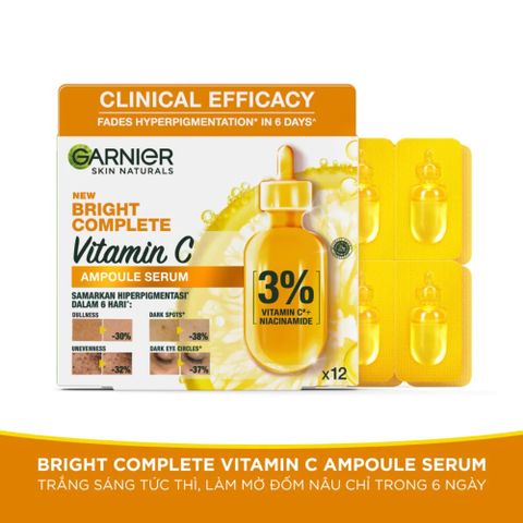 Serum Ampoule Garnier Tăng Cường Sáng Da Mờ Thâm 12 ống x 1.5ml - Vitamin C và Niacinamide giữa tinh chất hiệu quả cho mọi loại da