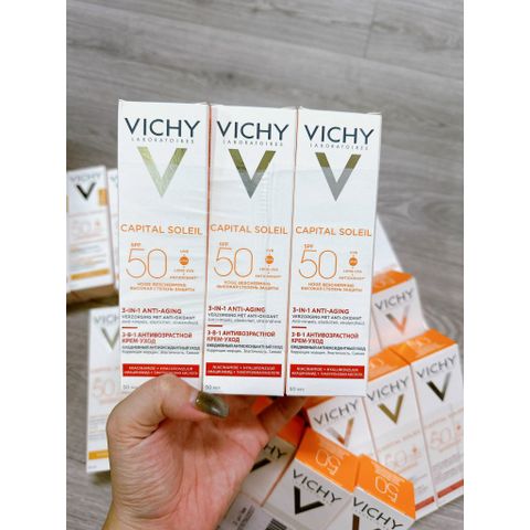 Kem Chống Nắng Vichy Capital Soleil Mattifying 3in1 SPF50+ 50ml cho Da Dầu Mụn - Chống Ô Nhiễm và Bụi Mịn Hằng Ngày