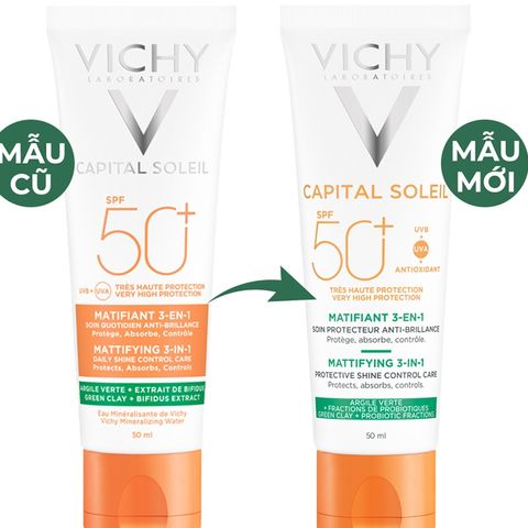 Kem Chống Nắng Vichy Capital Soleil Mattifying 3in1 SPF50+ 50ml cho Da Dầu Mụn - Chống Ô Nhiễm và Bụi Mịn Hằng Ngày