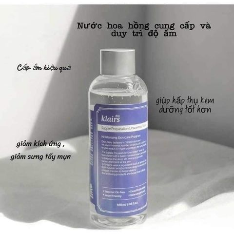 Nước Hoa Hồng Klairs Supple Preparation Toner 180ml - Dưỡng ẩm, Làm dịu, Phù hợp mọi loại da, Không cồn, Ngăn ngừa lão hóa