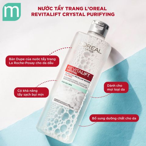 Nước Tẩy Trang L'Oréal Paris Revitalift Crystal Micellar Water 400ml - Dành cho Da Dầu, Làm Sạch Sâu, Không Cần Rửa Lại, Giúp Da Mịn Màng, Tươi Mát