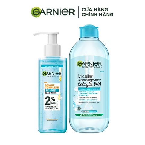 Gel Rửa Mặt Garnier Skin Naturals Bright Complete 120ml - Dịu Nhẹ Cho Da Dầu Mụn, Ngừa Mụn, Làm Sáng Da, 2% Salicylic BHA, Vitamin C