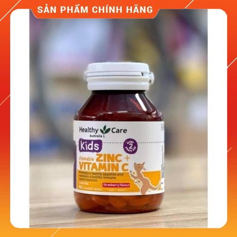 Viên nhai bổ sung kẽm Healthy Care Zinc + Vitamin C hương vị dâu cho trẻ từ 2 tuổi, tăng sức đề kháng, 60 viên, Úc