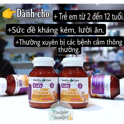 Viên nhai bổ sung kẽm Healthy Care Zinc + Vitamin C hương vị dâu cho trẻ từ 2 tuổi, tăng sức đề kháng, 60 viên, Úc