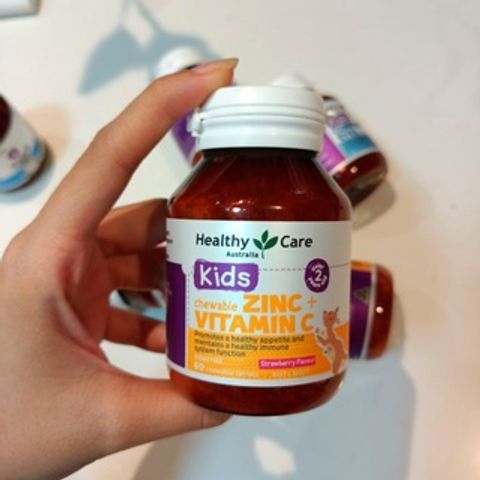 Viên nhai bổ sung kẽm Healthy Care Zinc + Vitamin C hương vị dâu cho trẻ từ 2 tuổi, tăng sức đề kháng, 60 viên, Úc