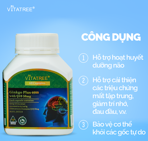 Viên Uống Bổ Não Vitatree Ginkgo Plus 6000mg với Coenzyme Q10 50mg - Tăng Cường Trí Nhớ, Cải Thiện Chức Năng Nhận Thức