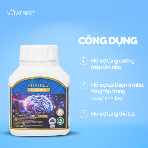 Viên Uống Bổ Não Vitatree Maxi Ginkgo 9500mg - Tăng Cường Trí Nhớ, Tập Trung, Hỗ Trợ Lưu Thông Máu - Sản Phẩm Từ Ginkgo Biloba Chất Lượng Cao