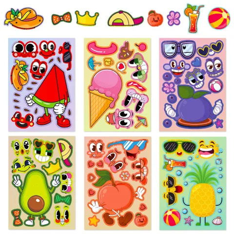 Sticker trái cây mùa hè rực rỡ – Bộ 6 tờ – Đồ chơi dán puzzle sáng tạo