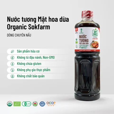 Nước Tương Mật Hoa Dừa Hữu Cơ Sokfarm - Umami Tự Nhiên 1 Lít, Không Đậu Nành, Giảm Muối, Gluten Free, Thực Phẩm An Toàn Cho Bữa Ăn