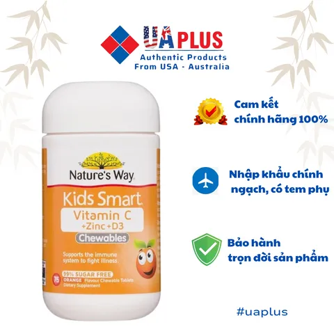 Viên Nén Nhai Nature’s Way Kids Smart Vitamin C + Kẽm + D3 75 viên - Hỗ Trợ Tăng Cường Sức Đề Kháng cho Trẻ Em Từ 2 Tuổi