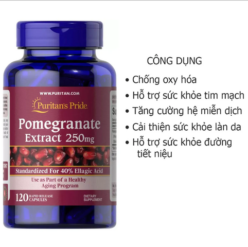 Viên Uống Chống Nắng Chiết Xuất Lựu 250Mg - Bảo Vệ Da Khỏi Tia UV, Dưỡng Ẩm và Ngăn Lão Hóa, 120 Viên Puritan's Pride