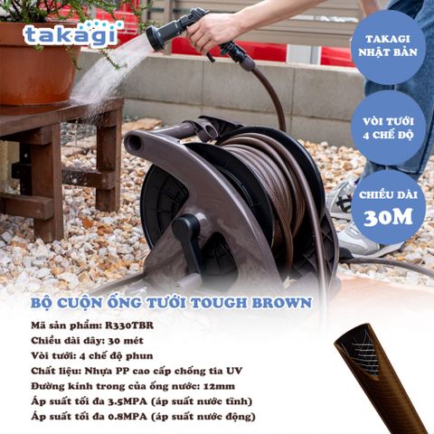 Bộ cuộn ống tưới cây 30m Takagi R330TBR - Chất liệu nhựa PP cao cấp, 4 chế độ phun, thiết kế tiện lợi cho vườn cây xanh tươi