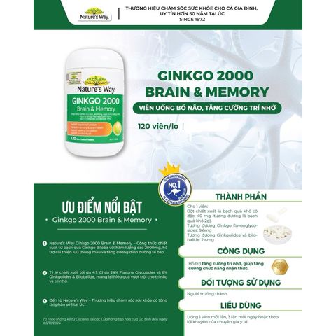 Viên uống bổ não Nature's Way Ginkgo 2000 - Tăng cường trí nhớ và chức năng nhận thức, 120 viên - Thực phẩm bảo vệ sức khỏe