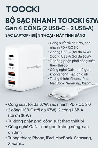 Bộ Sạc Nhanh TOOCKI 67W GaN 4 Cổng (2 USB-C + 2 USB-A) - Sạc Laptop, iPhone, MacBook - Thiết Kế Nhỏ Gọn, Hàng Xuất Hàn