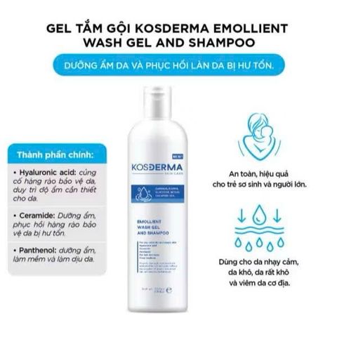 Gel Tắm Gội Kosderma Skin Care Dịu Nhẹ Cho Da Nhạy Cảm - Dưỡng Ẩm, Phục Hồi Da - 200ml