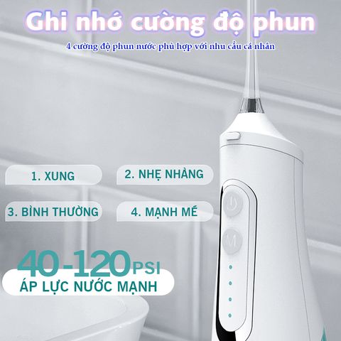 Máy tăm nước cầm tay Nikio NK-M209 - Pin sạc 1500mAh, 4 vòi phun, chế độ điều chỉnh áp lực 40-120 PSI, chống nước IPX7, tiện dụng và hiệu quả.