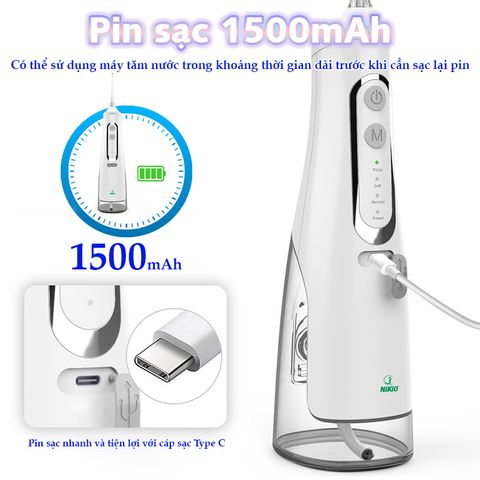 Máy tăm nước cầm tay Nikio NK-M209 - Pin sạc 1500mAh, 4 vòi phun, chế độ điều chỉnh áp lực 40-120 PSI, chống nước IPX7, tiện dụng và hiệu quả.