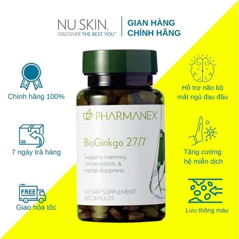 Thực Phẩm Bảo Vệ Sức Khỏe Nuskin BioGinkgo 27/7 - Tăng Cường Trí Nhớ - Hộp 60 Viên Chiết Xuất Bạch Quả