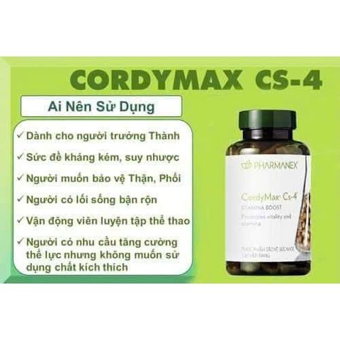 Thực Phẩm Chức Năng CordyMax-cs4 - Tăng Cường Sức Đề Kháng và Thể Lực - Hỗ Trợ Bổ Phổi và Bổ Thận 120 Viên
