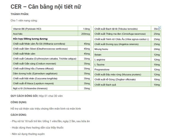 Viên uống cân bằng nội tiết tố CER nhập khẩu Mỹ - Hỗ trợ cải thiện triệu chứng tiền mãn kinh và mãn kinh cho phụ nữ