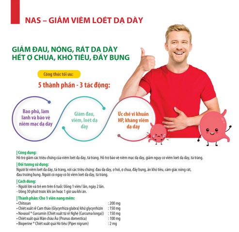 Viên uống hỗ trợ dạ dày Nas 30 viên - Giảm đau, viêm loét, bảo vệ niêm mạc dạ dày, nhập khẩu Mỹ từ Robinson Pharma