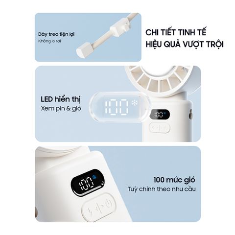 Quạt Cầm Tay Mini Gấp Gọn Ollie - Quạt Tích Điện 100 Cấp Độ, Gió Mạnh 8m/s, Pin 3600mAh, Thiết Kế Đeo Cổ Tiện Lợi
